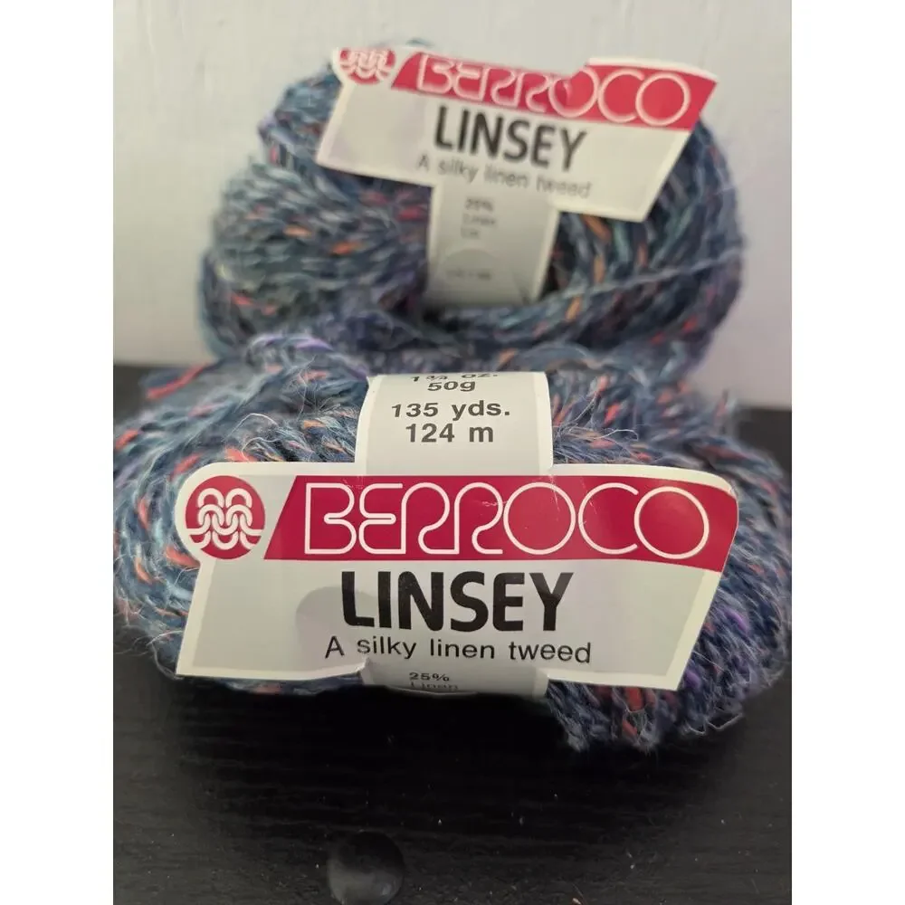 Vtg Berroco Linsey Yarn Lot 2 Silky Linen Tweed 50g 135yds Multicolor Blue Pink